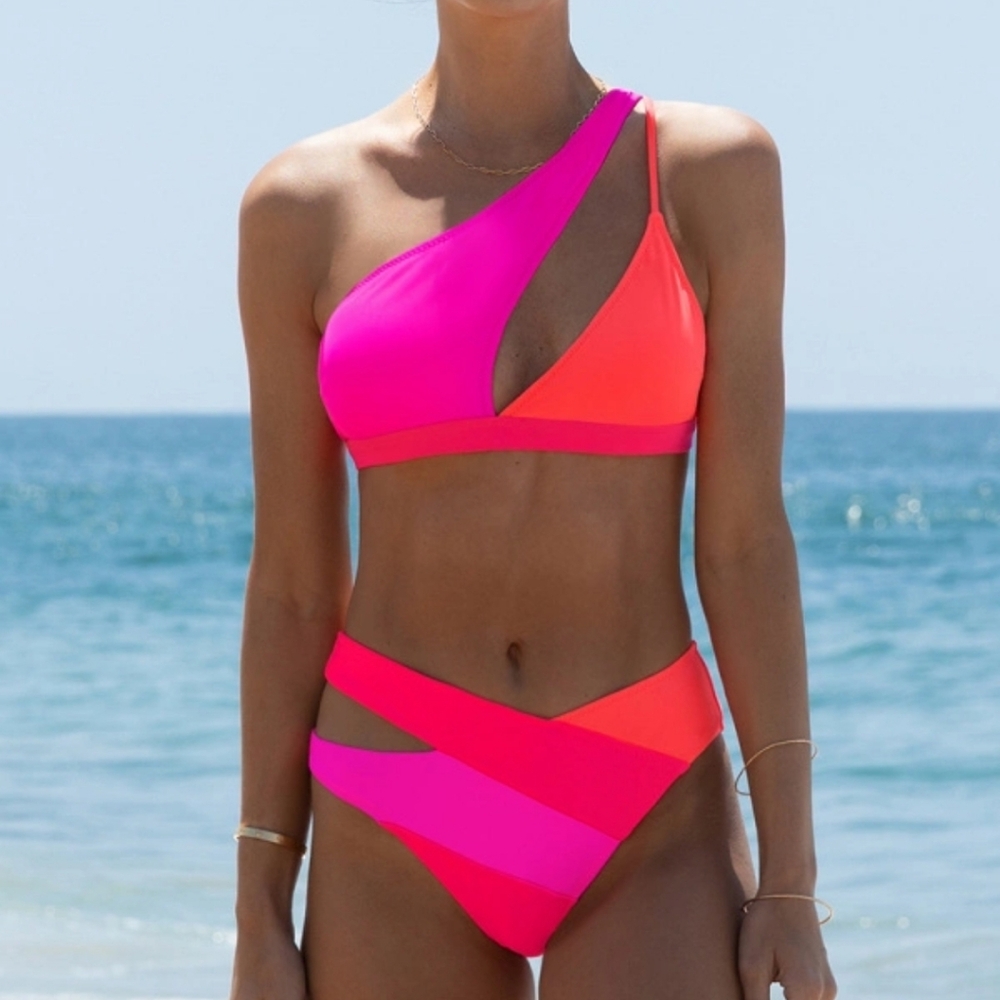 Bold Pink and Orange One-Shoulder Bikini